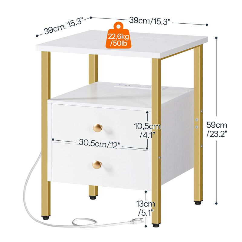 HOOBRO End Table with Charging Station, Bedside Table with 2 Drawer & USB Ports & Power Outlets, Nightstand for Small Spaces, St