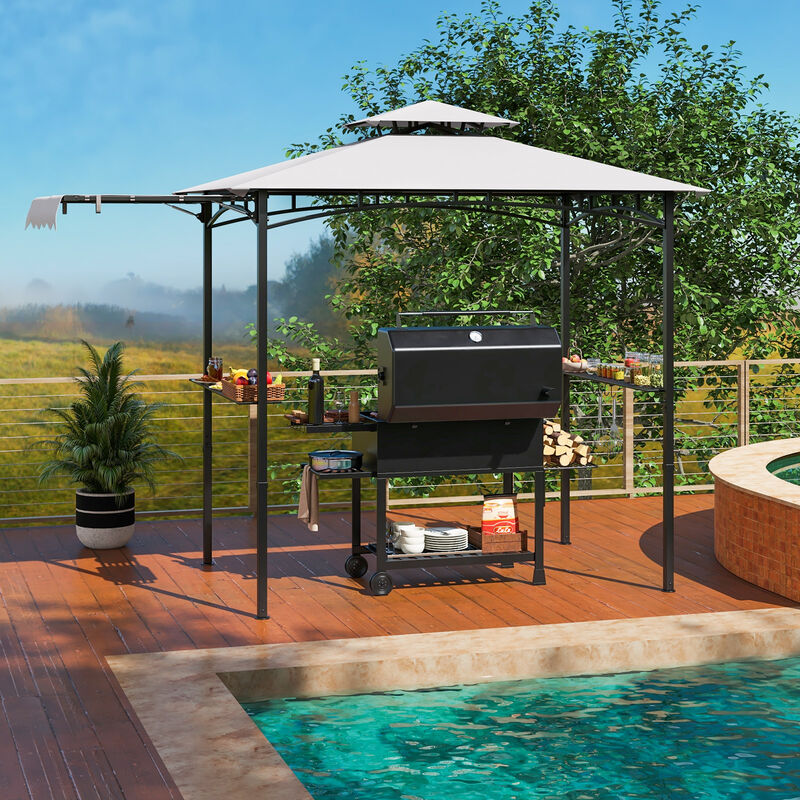Grill Gazebo with Side Awning and Double-Tiered Top-Grey