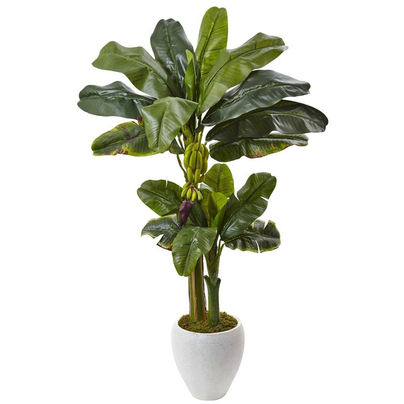Nearly Natural 5-ft Double Stalk Banana Tree in White Planter image number 1