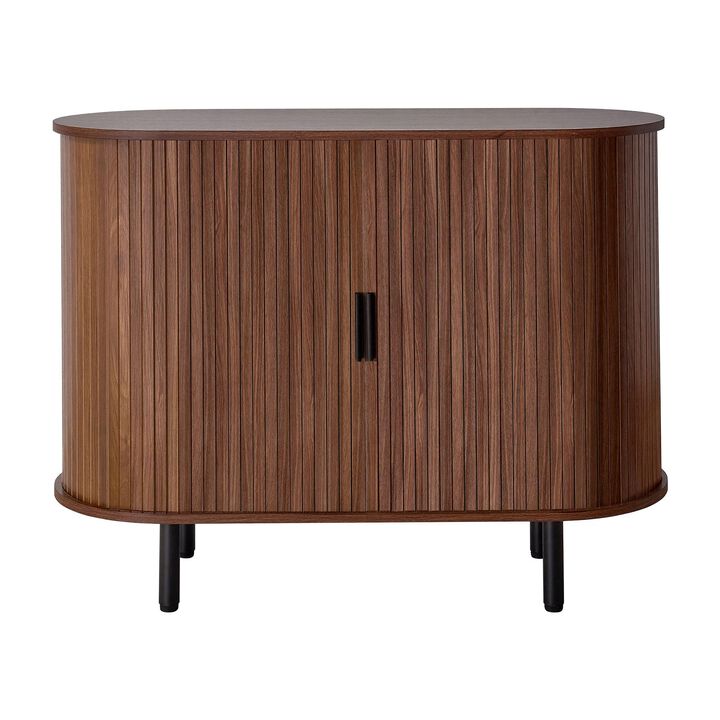 Mid Century Fluted Coffee Bar Cabinet with 2 Sliding Doors Walnut