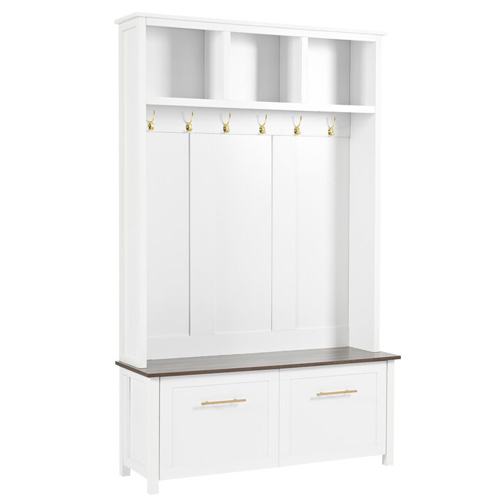 Whisen Farmhouse 4-in-1 Hall Tree with Bench, 6 Hooks, 2 Drawers, Multiple Storage for Hallway, Mudroom
