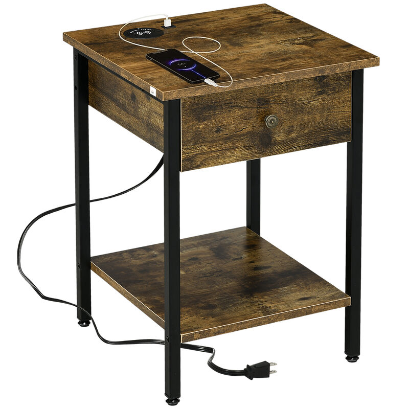 End Table with Wireless Charging Station, 2 USB Ports, Rustic Brown