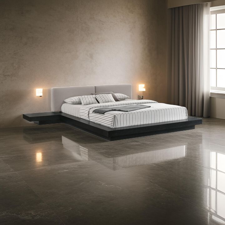 Nia Queen Size Bed, Gray Faux Leather, Black Layered Low Profile Frame - Benzara