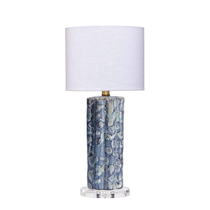 Flix Accent Table Lamp, 23 Inch, White Linen, Blue Scalloped Ceramic
