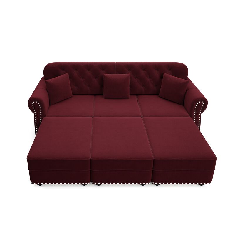 Whisen 3 Seat Velvet Sofa with 3 Ottomans, Nailhead Trim, Mid-Century Modern, for Living Room image number 0