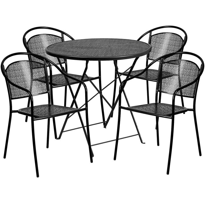 Flash Furniture Commercial Grade 30" Round Black Indoor-Outdoor Steel Folding Patio Table Set with 4 Round Back Chairs