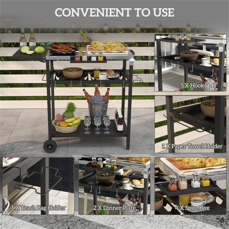 Rolling Wicker Grill Cart for Patio &ndash; Outdoor Kitchen Island with Storage and Extended Table image number 6