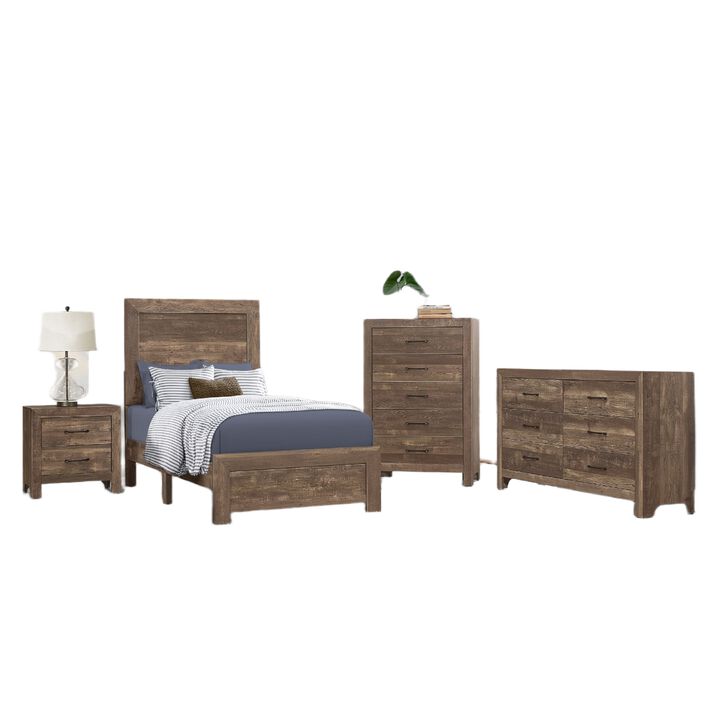 Full Size Bedroom Set, Brown Finish, Panel Design, 4-Piece Set with Bed, Nightstand, Dresser and Chest