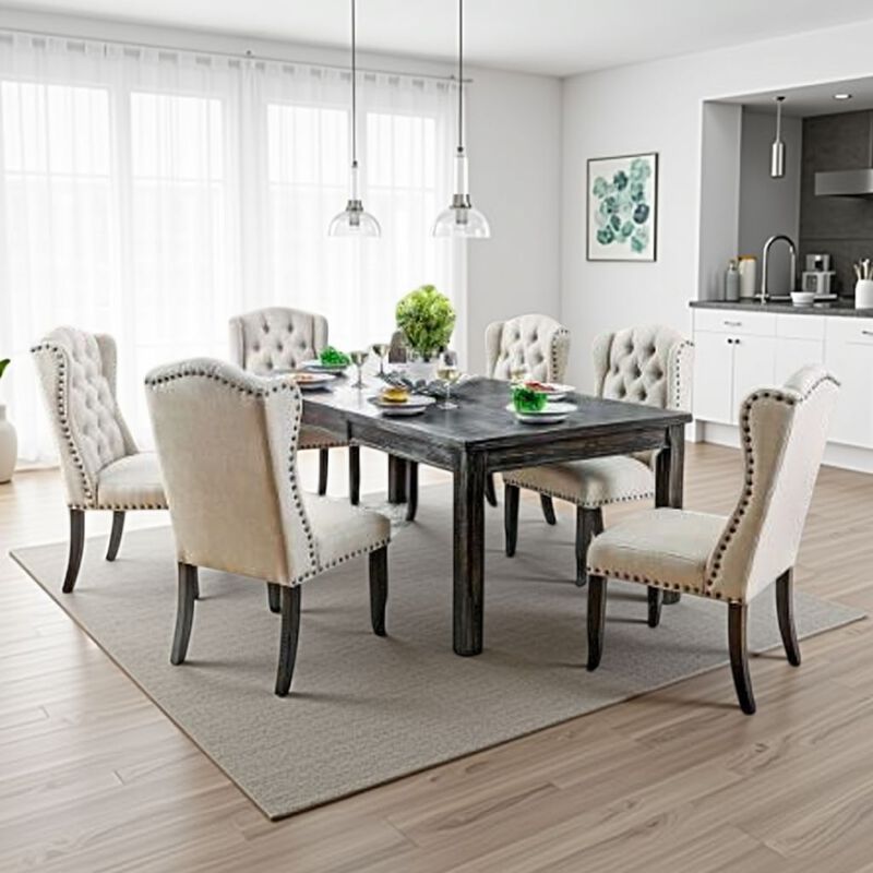 Bega 7pc Dining Table and Wingback Chair Set, Beige Linen, Black Wood - Benzara