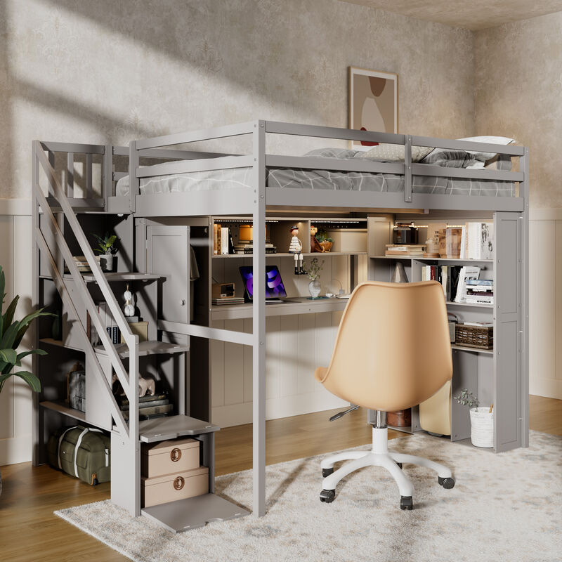 Whisen Full Loft Bed with Wardrobe Desk Shelves, Solid Wood Space-Saving for Bedroom Kids image number 3
