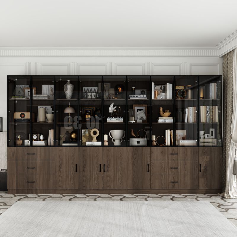 FUFU&GAGA 141.7" Woodgrain 6 Storage Cabinet with 9 Glass Doors & 6 Drawers, Tri-Color LED Lighting, Black Aluminum Frame (141.7 in. W x 15.7 in. D x 78.7 in. H) image number 2