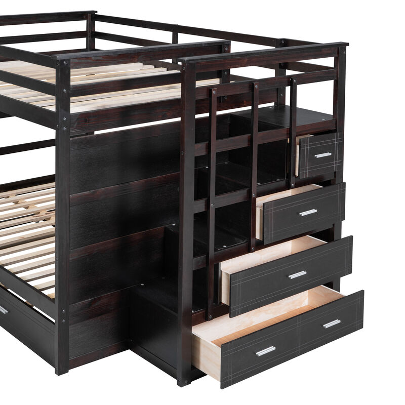 Whisen Modern Design Full Over Full Bunk Bed with Trundle and Staircase