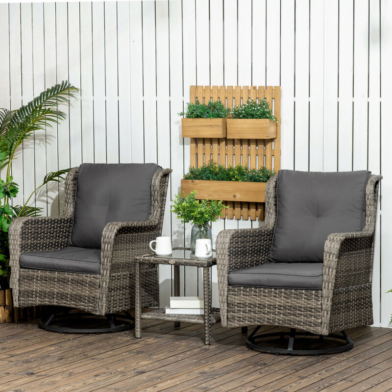Outsunny 3 Piece Wicker Patio Bistro Set with Cushions, PE Rattan Outdoor Porch Furniture with 360° Swivel Chairs, and Glass Top Table for Backyard, Garden, Pool, Gray