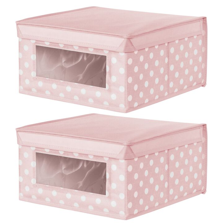 mDesign Medium Fabric Nursery Box with Lid/Window, 2 Pack, Pink/White Polka Dot