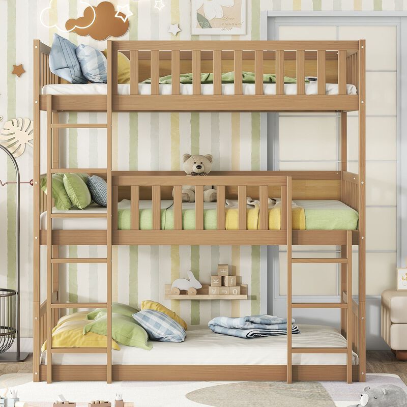 Whisen Triple Twin Size Rubber Wood Detachable Bunk Bed with Ladders and Guardrails