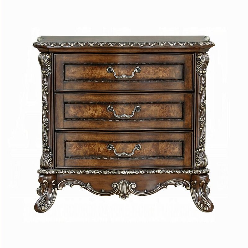 Vany Nightstand, Traditional Floral Trim, 3 Drawers, Cherry Brown - Benzara