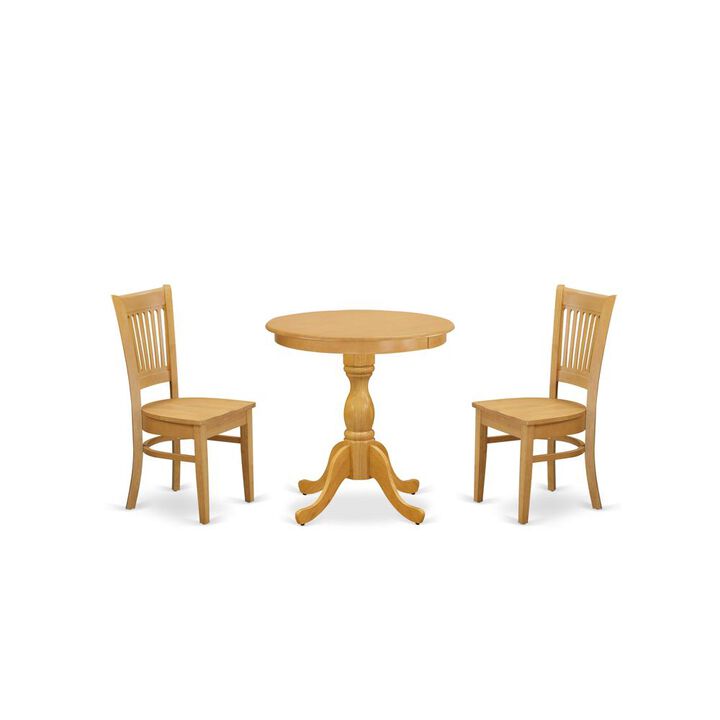 East West Furniture - ESVA3-OAK-W - 3-Pc Dining Room Table Set - 2 Wooden Dining Room Chairs and 1 Dining Room Table (Oak Finish)