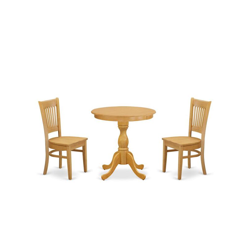 East West Furniture - ESVA3-OAK-W - 3-Pc Dining Room Table Set - 2 Wooden Dining Room Chairs and 1 Dining Room Table (Oak Finish)
