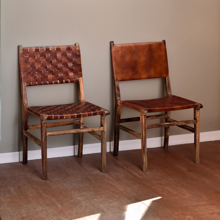 34 Inch Set of 2 Wood Dining Chairs, Leather Woven Back and Seat, Brown-Benzara