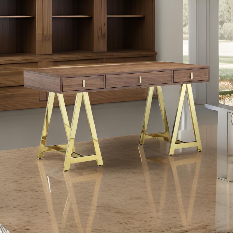 Ile 55 Inch Desk with 3 Storage Drawers, Brown Wood Veneer, Gold Metal - Benzara