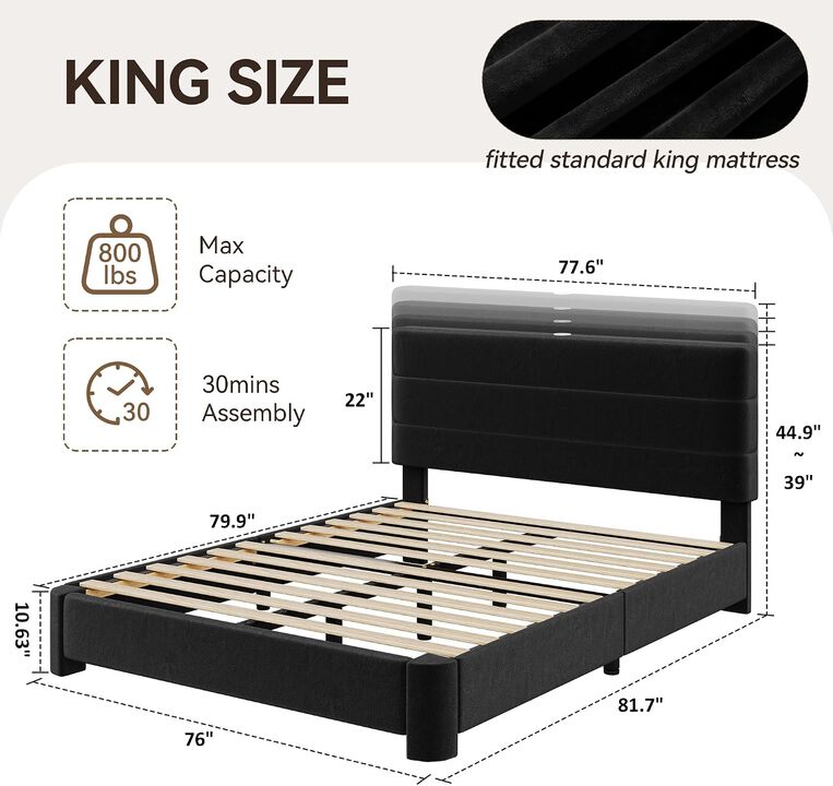 Vipbear Velvet Platform Bed Frame with Adjustable Headboard USB Charging Ports Noise Free, Black