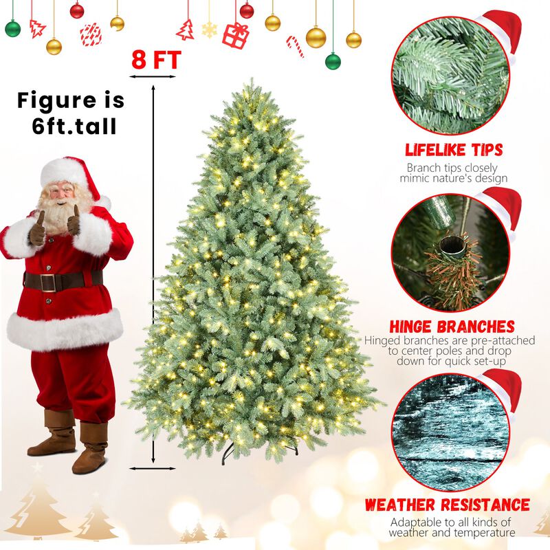 8 ft. Blue Green Pre Lit Christmas Tree with 900 Warm White LED Lights 3308 Tips PE PVC Hinged Branches Metal Stand