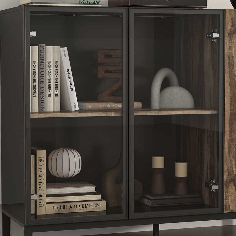 FUFU&GAGA Modern 3-Door Display Cabinet with Glass Fronts Wood Accent and Multi-Color LED Lighting 47.2 in. L x 16.1 in. W x 37.4 in. H Black