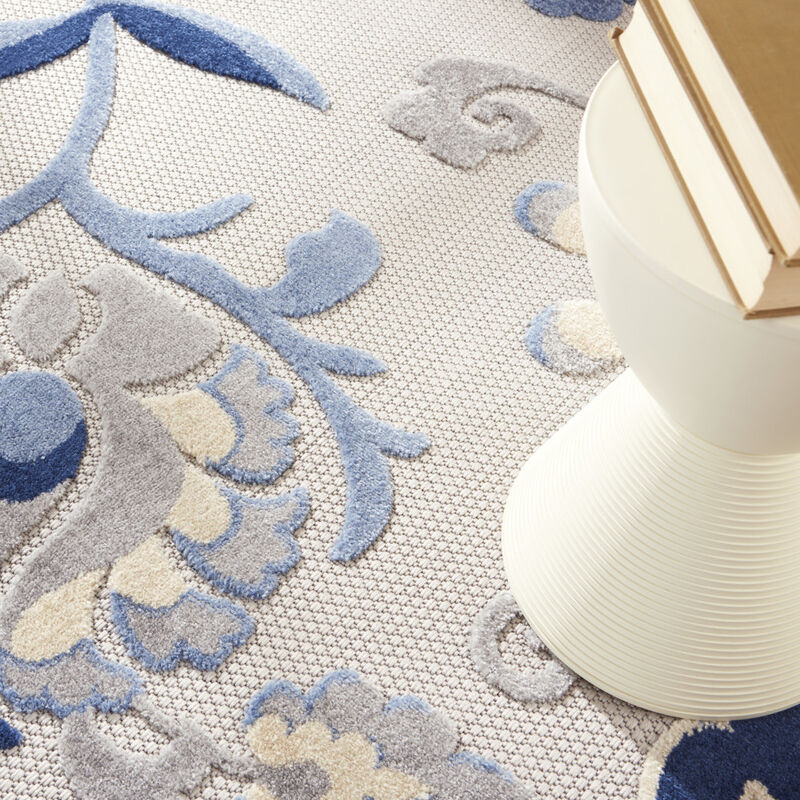 HomeRoots 8' Blue And Gray Round Floral Indoor Outdoor Area Rug image number 5