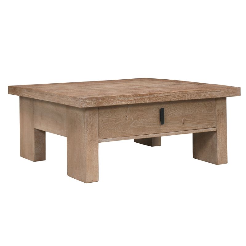 Les 36 Inch Square Coffee Table with Panel Legs, 2 Storage Drawers, Matte Brown Mango Wood, Black Handles image number 0