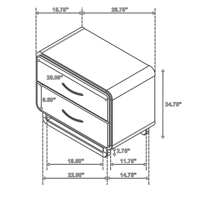 Deon Nightstand, 2 Drawers w Nickel Handles, Sled Legs, Nutmeg Brown - Benzara