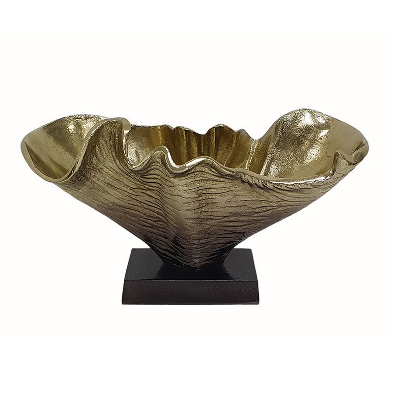 15 Inch Curved Shell Decorative Bowl, Aluminum, Square Base, Gold and Black image number 3