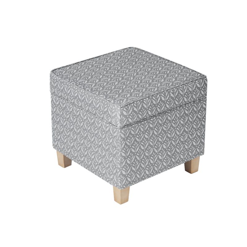 Pyp Square Storage Ottoman, 18 Inch Gray Print Fabric, Brown Wood