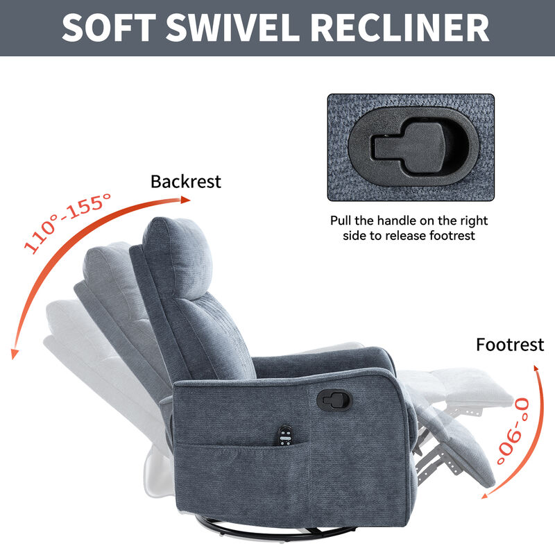 Heat Massage Manual Recliner Chair with Rocker and Swivel in Fabric for Living Room image number 6
