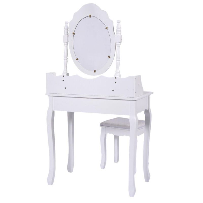 Hivvago Vanity Table Set with Cushioned Stool with 360Â° Rotating Oval Mirror and Three Drawers-White