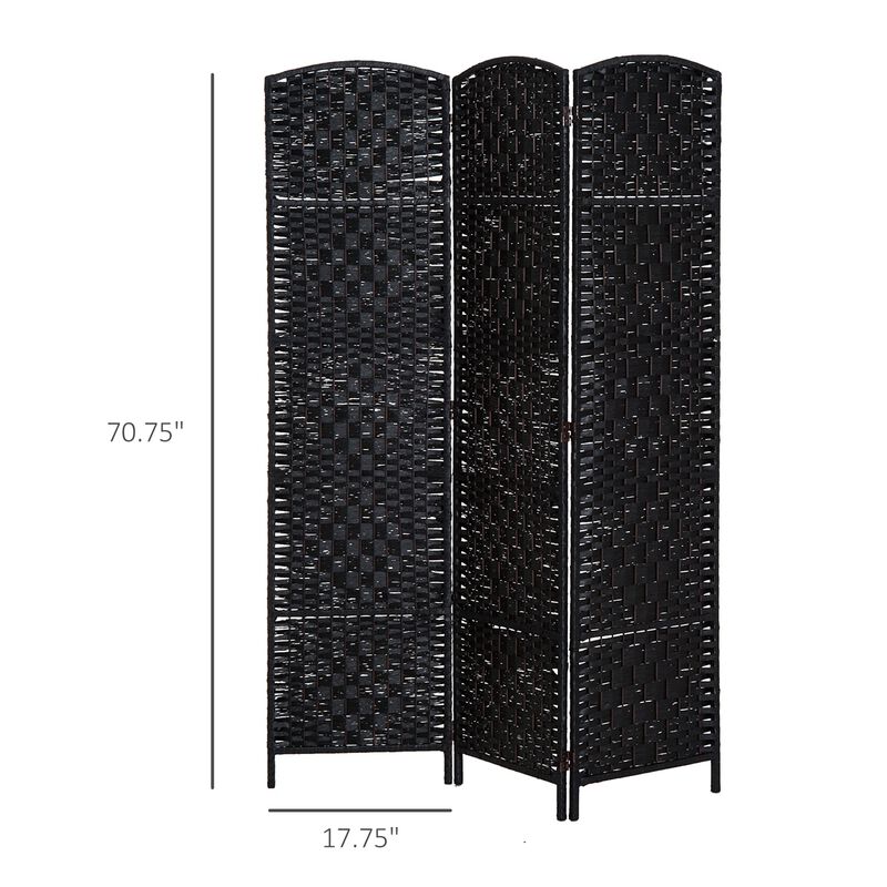 6' Tall Wicker Weave 3 Panel Room Divider Wall Divider, Black