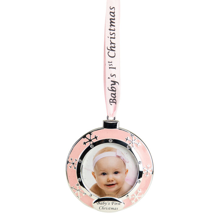 3" Pink Silver-Plated Baby's First Christmas Photo Ornament with European Crystals