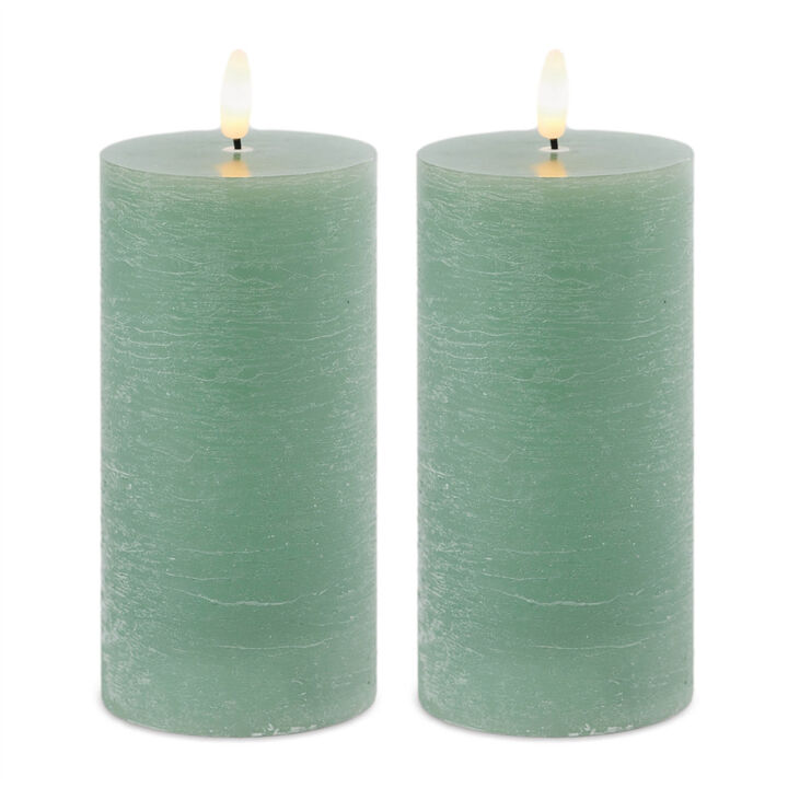 HomeRoots Set of Two Green Unscented Candle Flameless Pillar Candles