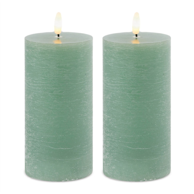 HomeRoots Set of Two Green Unscented Candle Flameless Pillar Candles image number 0