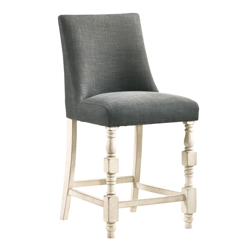 Swan 26 Inch Counter Height Chair, Set of 2, Gray Seat, Ivory Turned Legs - Benzara