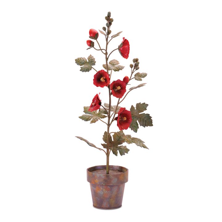Iron Potted Poppy Floral Sculpture for Shelf, Mantel, or Tabletop Display