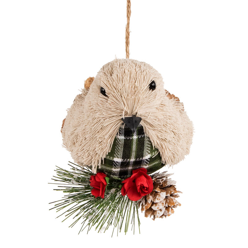 6.75" Front Facing Plaid Bird and Frosted Pine Needle Hanging Christmas Ornament