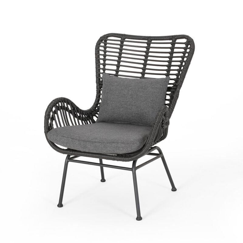 Slay Outdoor Accent Chair Set of 2, 25 Inch, Gray Woven Rattan, Iron Legs - Benzara