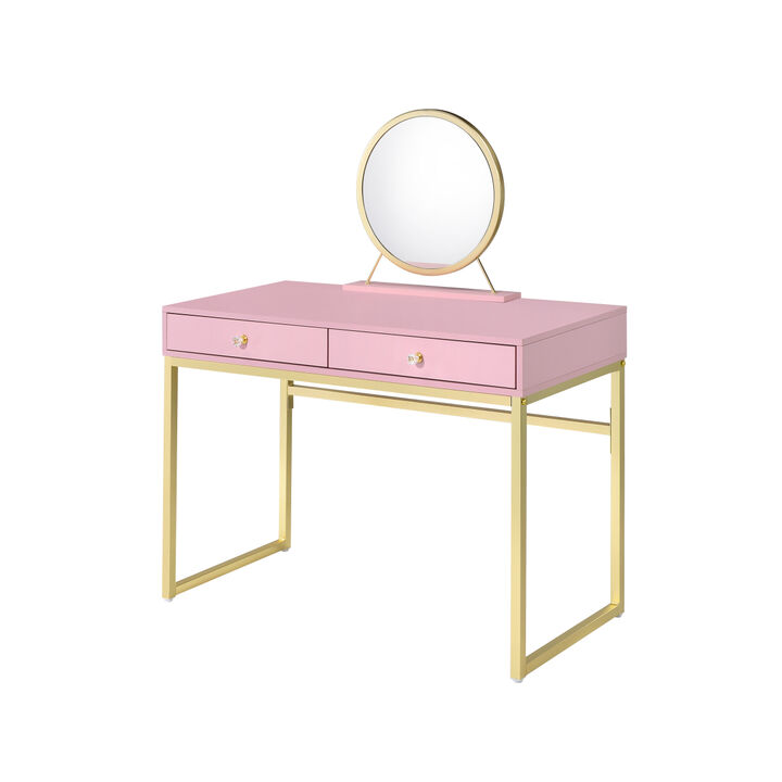Coleen Vanity Desk w/Mirror & Jewelry Tray in Pink & Gold Finish