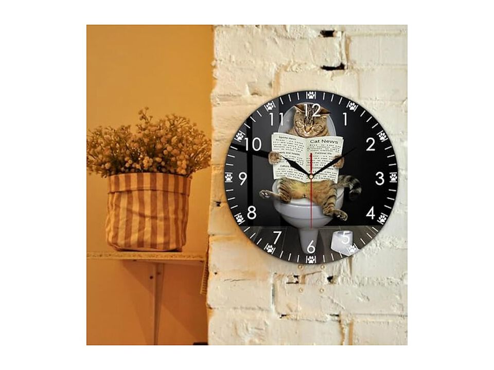 Kitten Cat Toilet Newspaper Funny Wall Clock Silent Non Ticking Bedroom Decor