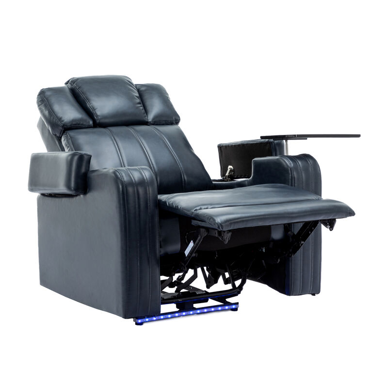Whisen PU Leather Power Recliner with Cup Holder, Bluetooth Speaker, LED Lights, USB Ports, Tray Table and Arm Storage
