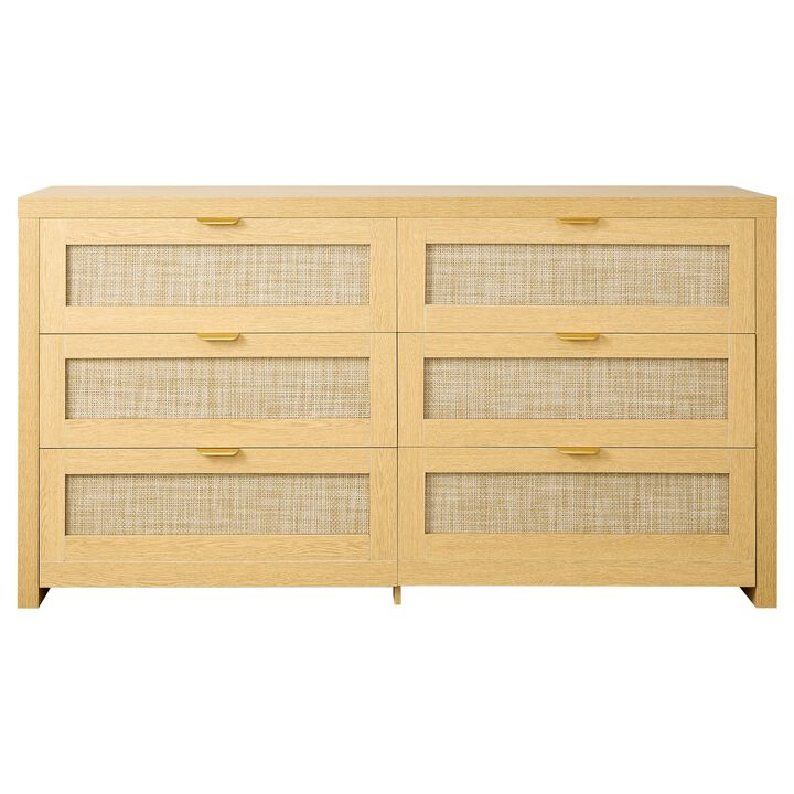Modern Wood Rattan Dresser with 6 Drawers Clothing Organizer