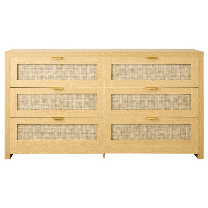 Modern Wood Rattan Dresser with 6 Drawers Clothing Organizer image number 0