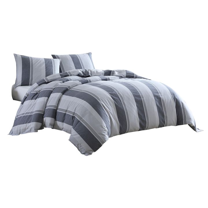 3 Piece Queen Comforter Set with Broad Stripes, Gray-Benzara