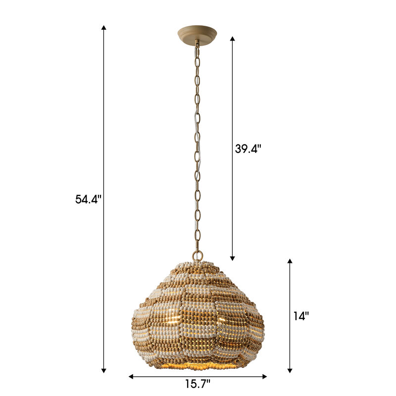 15.7" Bohemian 2-Light Distressed Brown and White Wood Beaded Gourd Chandelier, Pendant Light for Bedroom, Living Room or Dining Room image number 5