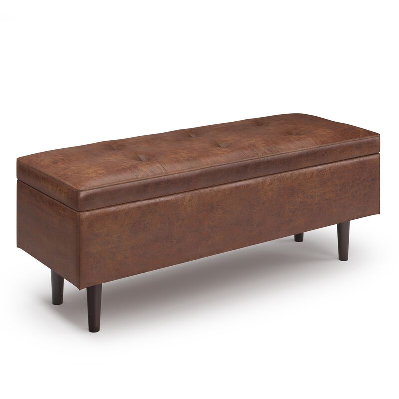Shay Mid Century Rectangular Storage Ottoman in Distressed Saddle Brown Faux Leather